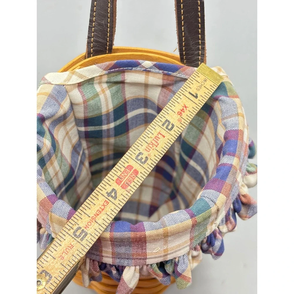 Longaberger 2001 Gatehouse Handwoven Hanging Basket Plaid Liner Leather Handle